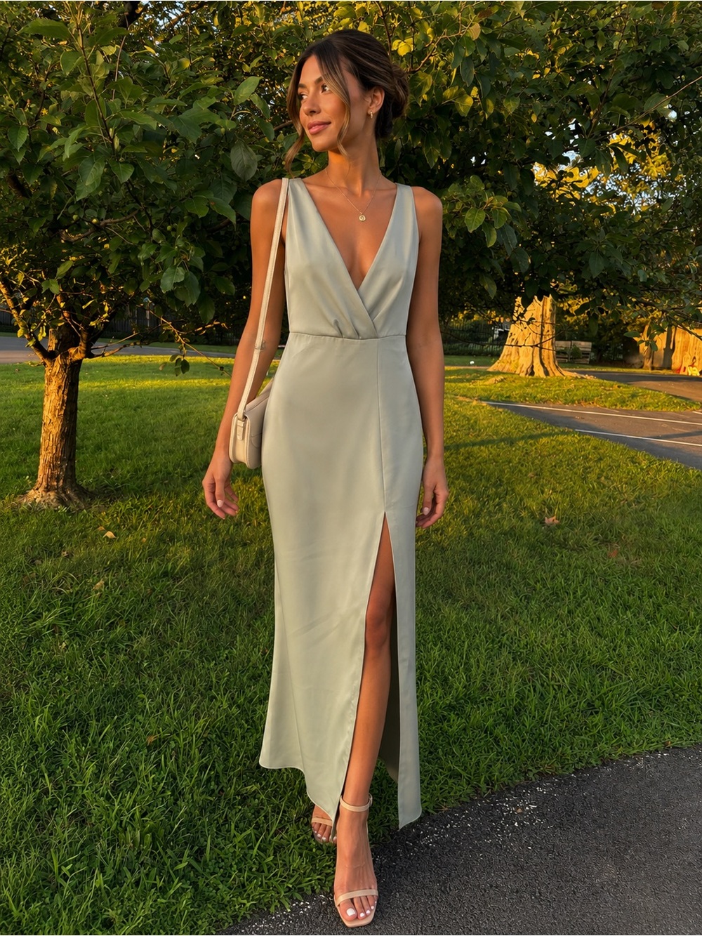 BHLDN Piper V-Neck Side-Slit Satin Gown Sage Green